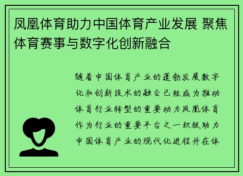 凤凰体育助力中国体育产业发展 聚焦体育赛事与数字化创新融合